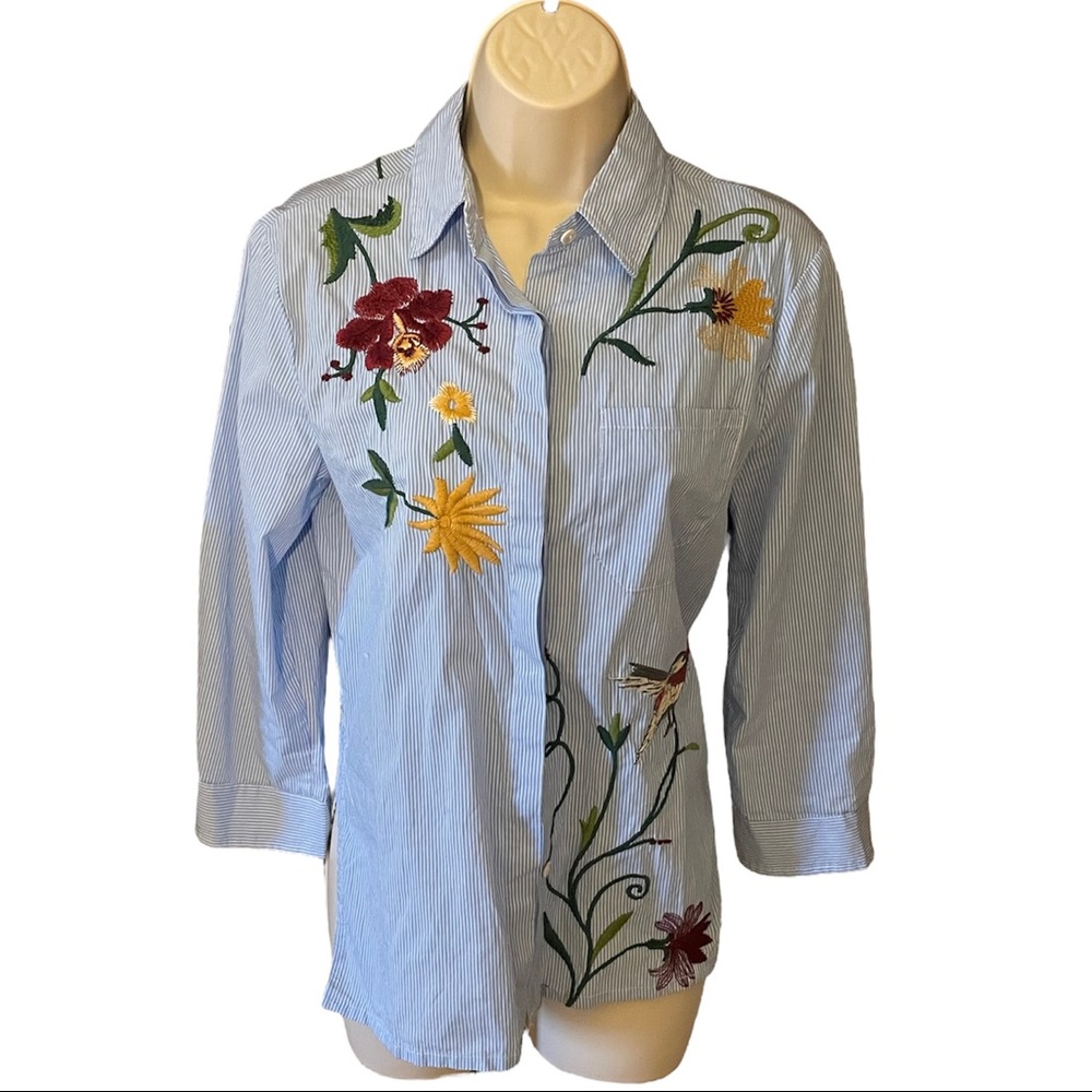 Embroidered Floral Pinstripe Button-up Shirt